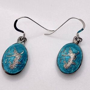 Vtg Sterling & Blue Green Enamel Siam Silver Goddess Earrings 925 / 1.2”